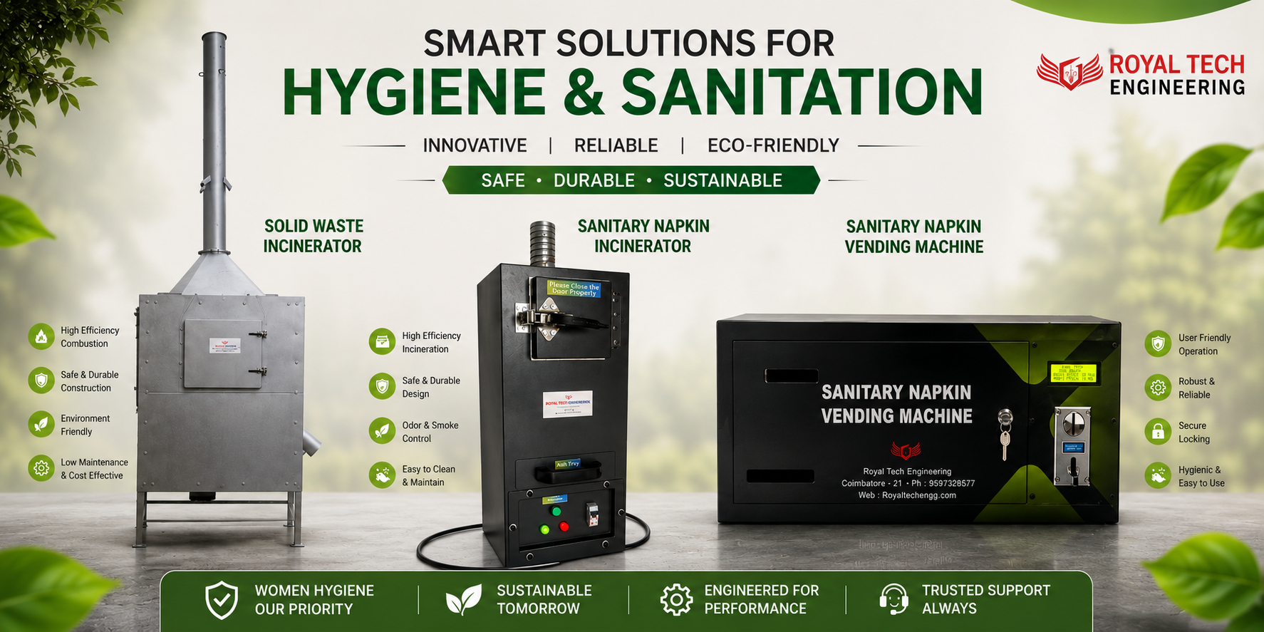 Royal Tech Engineering sanitary napkin incinerator and vending machine — replace with product photo